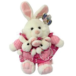 KellyToy PlayPet White‎ Bunny Baby ~14" Pink Gingham Kuddle Me Easter Rabbit